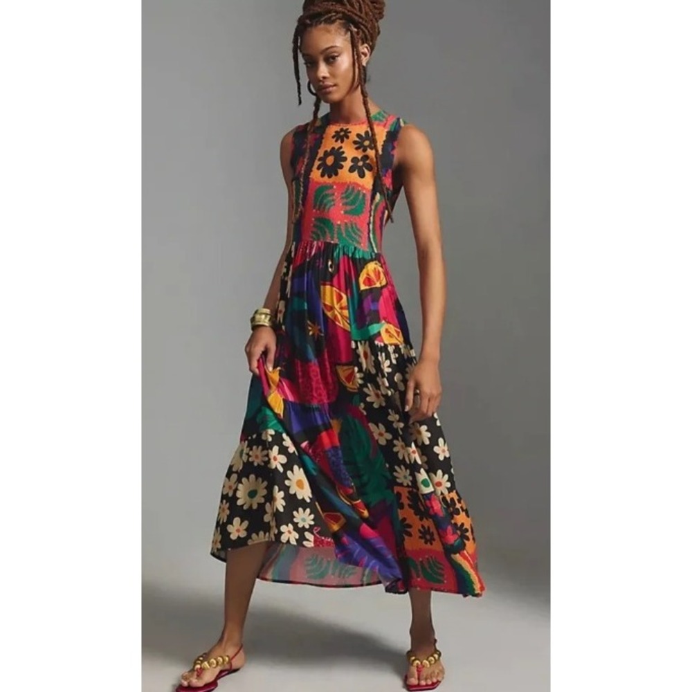 Farm Rio x Anthropologie Pop Patchwork Print A Line Sleeveless Midi Dress Small - Picture 2 of 15